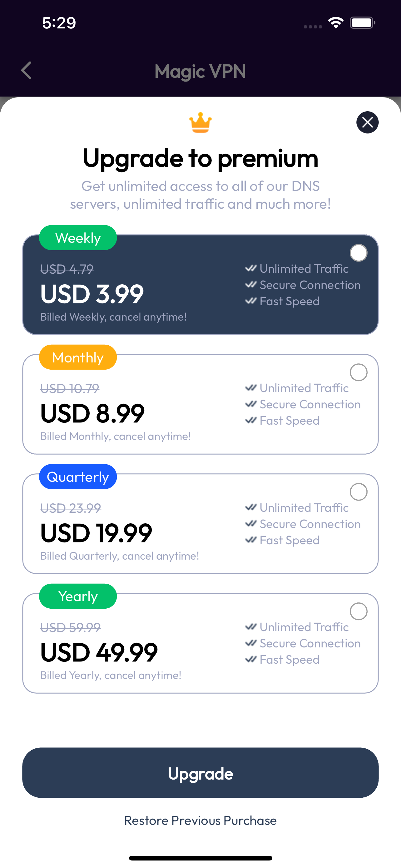 Magic VPN premium upgrade screen showing pricing plans